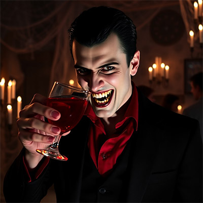 Vampir mit einem Glas voll Blut